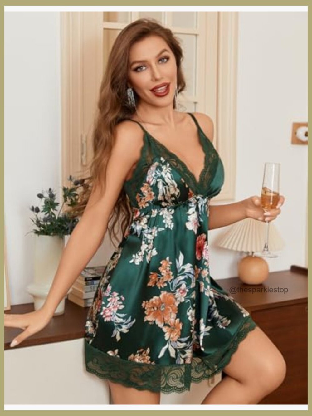 Satin Chemise Nightgown with Lace Trim V-Neck Sleepwear Slip - Picture 3 of 7